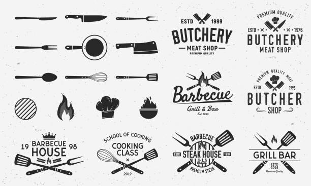 illustrazioni stock, clip art, cartoni animati e icone di tendenza di collezione di macellerie, barbecue e grill, emblemi, etichette, badge. set di 8 modelli e 13 elementi di design per il design. modelli vettoriali - chef