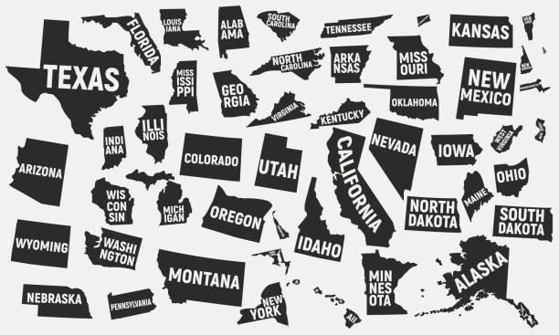 zestaw 50 ikon w stanach zjednoczonych. ikony stanów zjednoczonych ameryki izolowane na białym tle. ilustracja wektorowa - york england illustrations stock illustrations