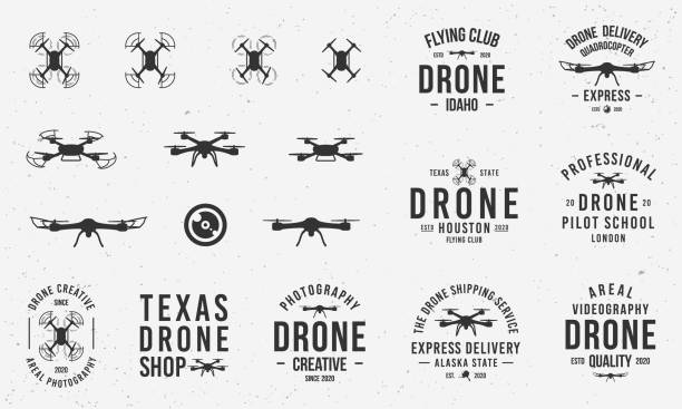 illustrations, cliparts, dessins animés et icônes de collection de drones, emblèmes, étiquettes, badges. ensemble de 9 modèles et 10 éléments de conception pour la conception. l'affaire des drones. modèles vectoriels - drone