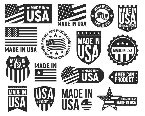 米国製のアイコン。米国の標識は、白い背景に隔離されています。白黒ベクトルイラスト - made in the usa sign retro revival label点のイラスト素材／クリップアート素材／マンガ素材／アイコン素材