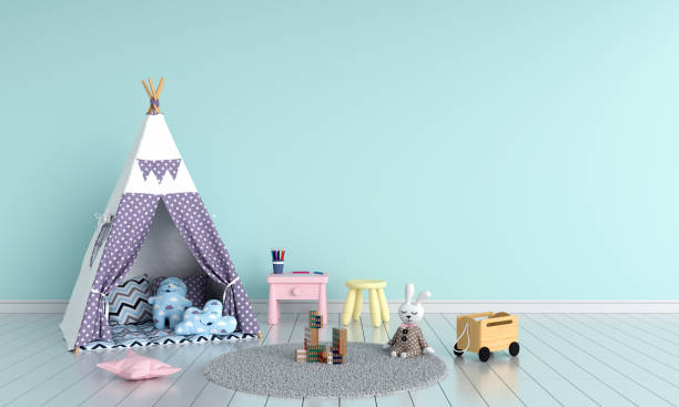 istock Teepee in child room interior for mockup, 3D rendering 1160604139