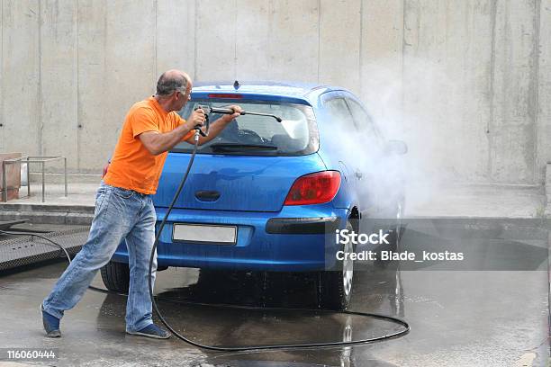 Car Wash With Water Pressure Stock Photo - Download Image Now - Adult, Blue, Blue-collar Worker