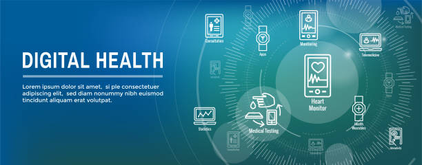 Digital Health Icon Set with Wearable Technology Web Header Banner Digital Health Icon Set - Wearable Technology Web Header Banner medical technology stock illustrations