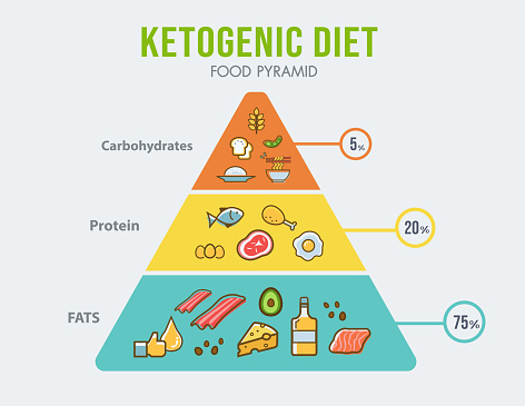 Ketogenic diet food pyramid infographic for healthy eating diagram, low carbs, high healthy fat, long term effect, protein and FAT. Vector icon banner.