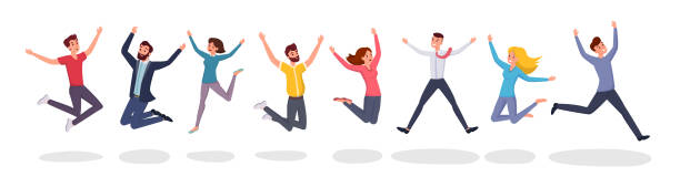 istock Happy jumping people flat illustration. Group jump photo, students, friends celebrate winning cartoon characters. Victory and teamwork, celebration party isolated on white background 1160618617