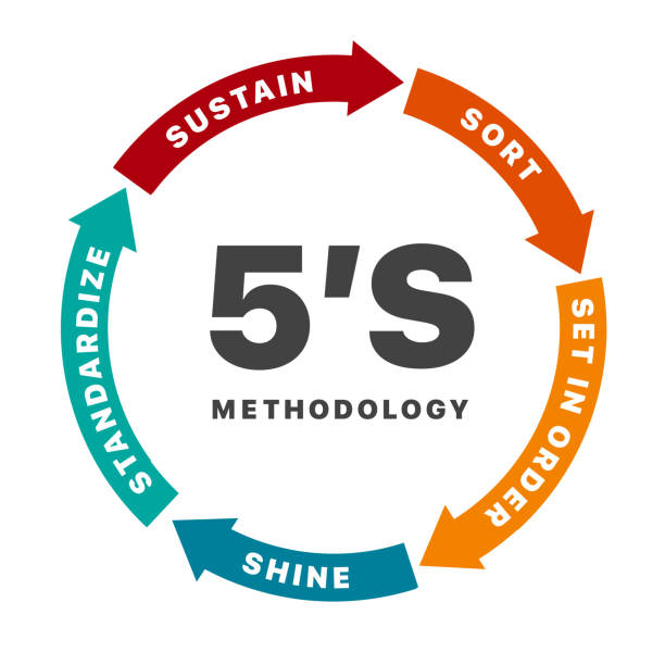 5S methodology management with arrow chart banner 5S methodology management with arrow chart banner. Sort. Set in order. Shine. Standardize. Sustain. Concept of five colorful circular arrows with words in flat style isolated on white background 5s stock illustrations