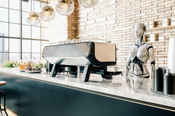 third wave coffee shop mit roboter barista - cyborg fotos stock-fotos und bilder