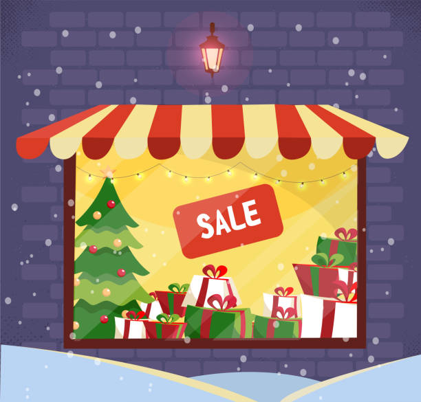 illustrations, cliparts, dessins animés et icônes de devanture de magasin avec vente de cadeaux de noel le soir enneigé. façade du magasin. fenêtre de magasin d'éclairage avec la canopée rayée dans le mur de briques. piles de boîtes avec des arcs, arbre de noel, vente de signe. vecteur plat de dessin  - christmas shopping store retail