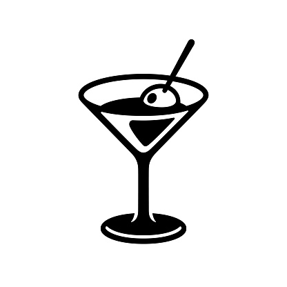 Glass of martini cocktail with olive. Black and white drink icon, simple and stylish bar logo. Isolated vector clip art illustration.