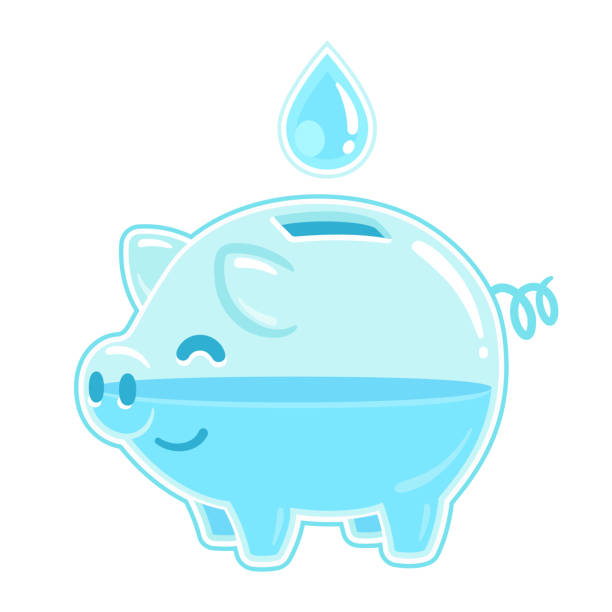 Save water piggy bank Save water concept. Cartoon transparent piggy bank filled with drop of water. Vector clip art illustration isolated on white background. water conservation stock illustrations