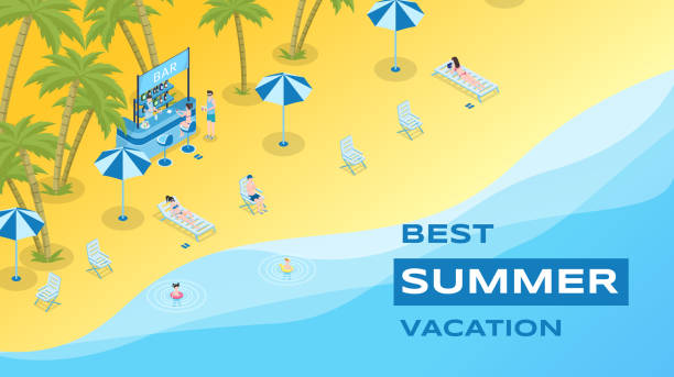 istock Summer vacation flat banner vector template. Summertime leisure, tropical resort, seasonal recreation poster concept. Sand beach with cocktail bar and tourists isometric illustration with typography 1160620104