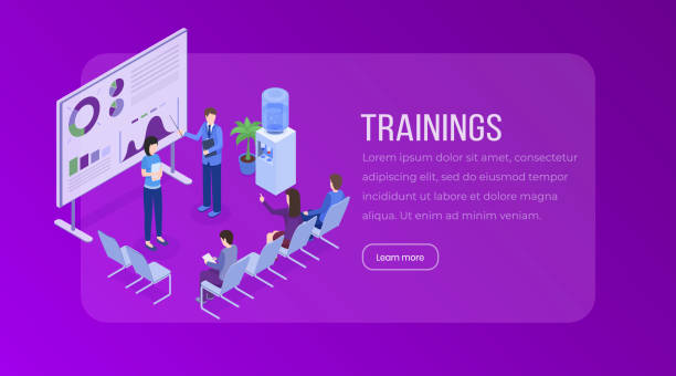 ilustrações de stock, clip art, desenhos animados e ícones de trainings isometric landing page template. business presentation, meeting, seminar, staff training, market research, statistics, financial analysis website layout. company briefing 3d illustration - cartoon business meeting training