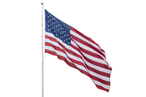 istock United States flag on a pole waving isolated on white background. 1160620593