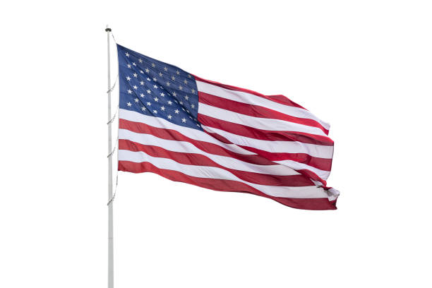 istock United States flag on a pole waving isolated on white background. 1160620594