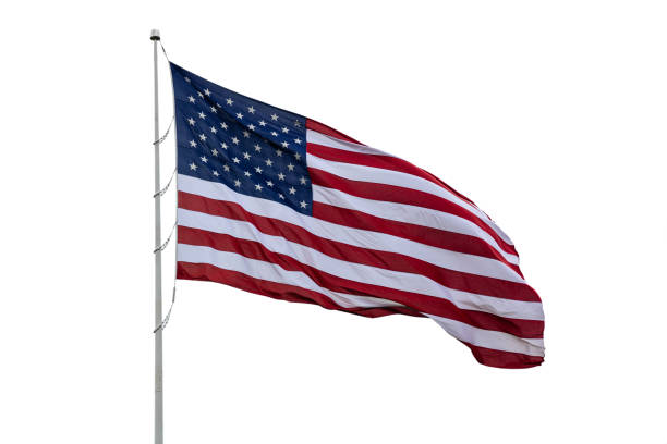 istock United States flag on a pole waving isolated on white background. 1160620596