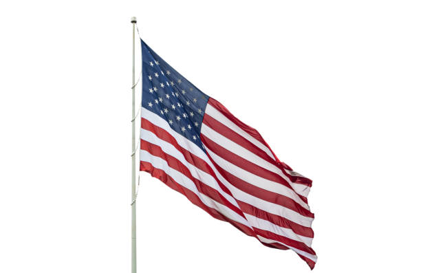 istock United States flag on a pole waving isolated on white background. 1160620597