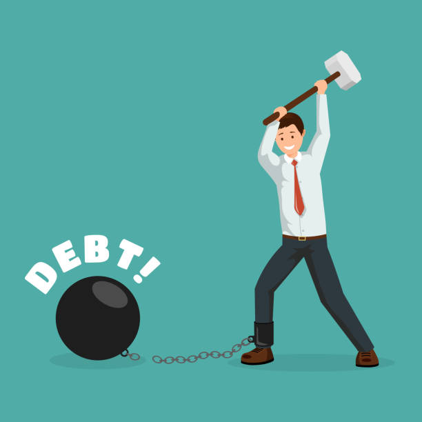 istock Paying debt metaphor vector banner template. Cartoon man breaking financial chains with sledge hammer. Happy debtor, businessman paying off debts, taxes, bank loans flat character 1160621555