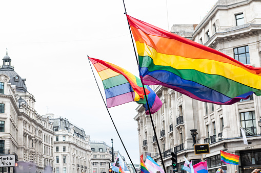 rainbow flags waving above a crowd at  the London Gay Pride, July 2019, Regents Street
