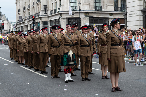 Soldiers marching at the Gay Pride - participants of the London Gay Pride, July 2019, Regents Street