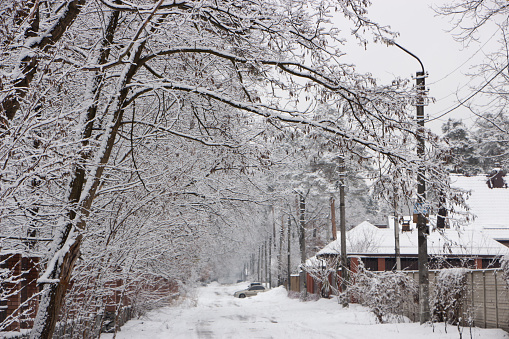 Snow-covered rural street, beautiful winter landscape, in cloudy weather background