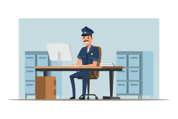 Vector illustration of Policeman deskwork flat vector illustration