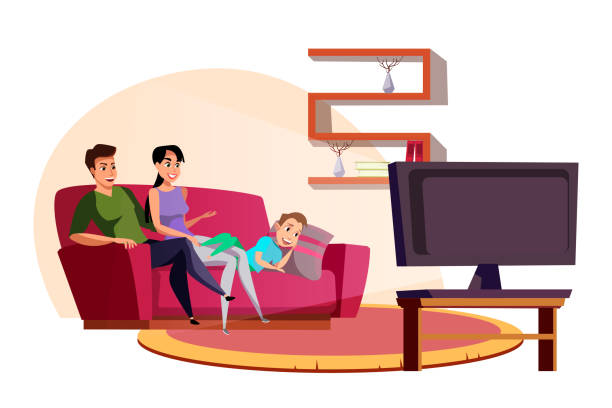 illustrazioni stock, clip art, cartoni animati e icone di tendenza di illustrazione vettoriale piatta tv guardando la tv - people living room mother son