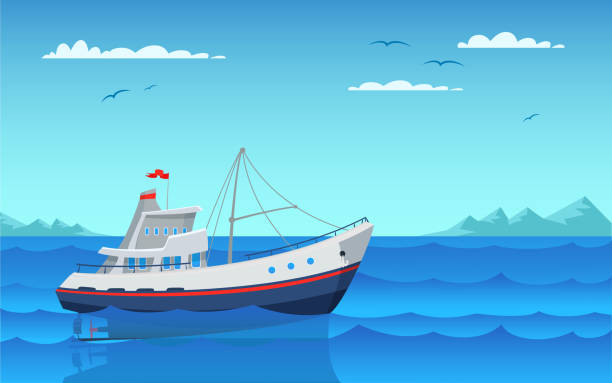 Modern fishing boat flat vector illustration Modern fishing boat flat vector illustration. Empty vessel floating on waves side view. Fishery industry, commercial transport in bay. Personal nautical vehicle in harbor. Outdoor recreation bay cartoon stock illustrations