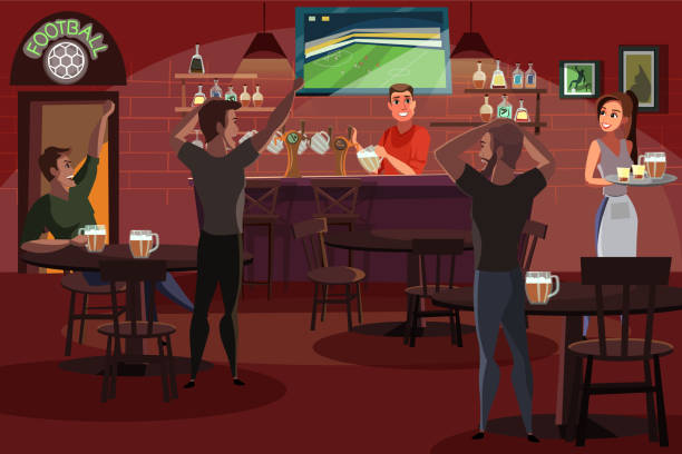 ilustrações de stock, clip art, desenhos animados e ícones de people drinking beer in bar flat illustration - bar bar counter pub beer
