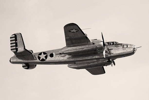 WWII bomber B25 Mitchell flying stock photo