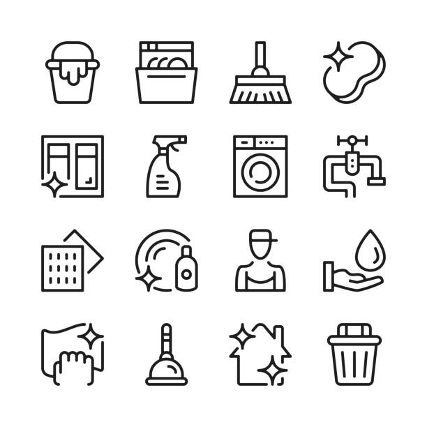 Cleaning line icons set. Modern graphic design concepts, simple linear outline elements collection. Thin line design. Vector line icons Cleaning line icons set. Modern graphic design concepts, simple linear outline elements collection. Thin line design. Vector line icons bucket and sponge stock illustrations