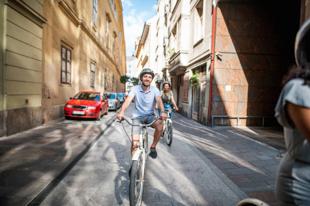 istock Caucasian man exploring Budapest on bicycles with her two friends 1160629190