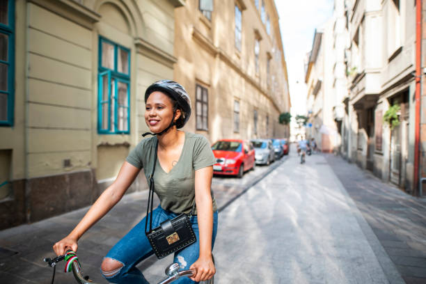 istock Mature African American woman exploring Budapest on bicycle 1160629221