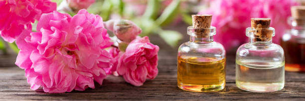 istock Panoramic header of essential oil bottles and rose flowers 1160630784