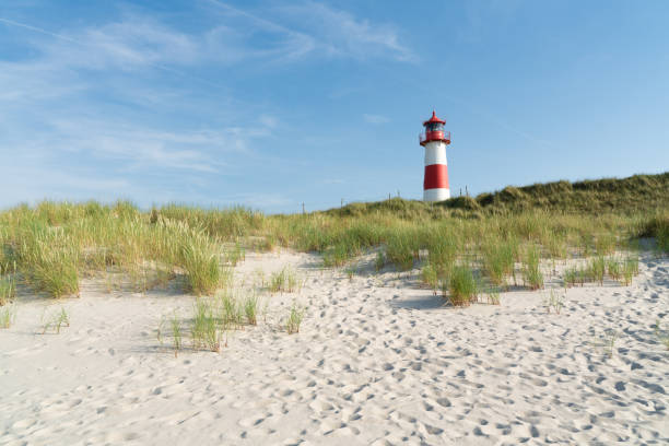 Lighthouse red white on dune. Sylt island – North Germany. stock photo