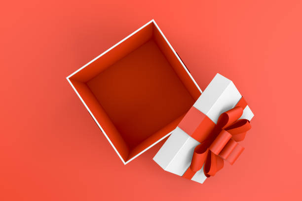 Aerial view 3d rendering of Gift Boxes. Minimal Christmas, Party concept. Open gift box.