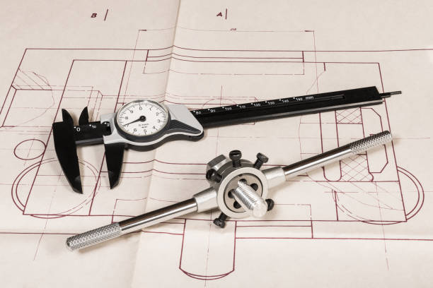 istock Black plastic caliper. Threading die in tap wrench. Technical drawing detail. Bolt shaft. Drafting 1160631871