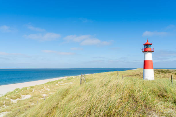 모��래 언덕에 등대 빨간 흰색. 실트 섬 – 북독일. - lighthouse sea beach germany 뉴스 사진 이미지