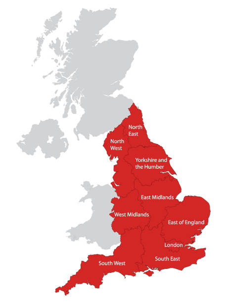 이름과 잉글랜드 의 지역의 빨간색지도 - uk map british flag england stock illustrations