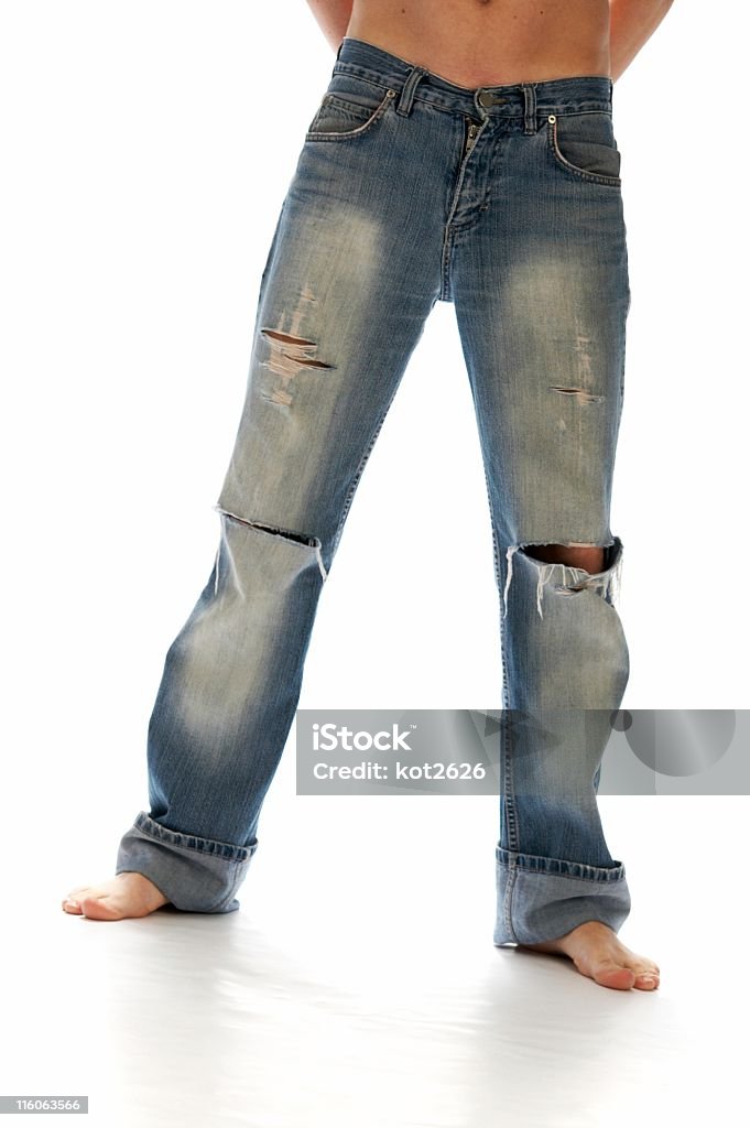 torn jeans men in torn jeans over white Jeans Stock Photo