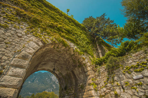 Stone arch made to enter the city through the city walls of medieval town of Venzone in northern Italy. Beautiful arch covered in green foliage