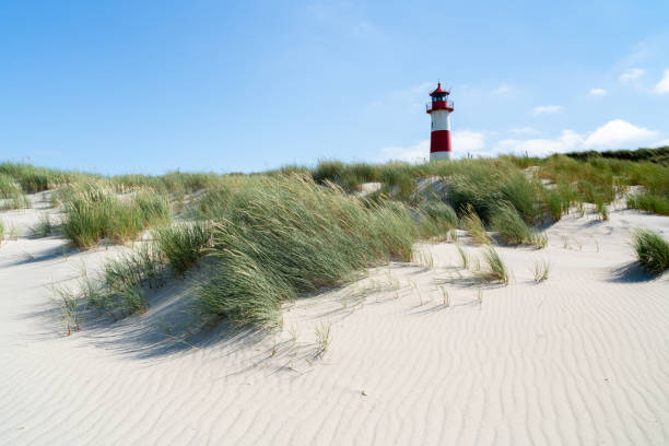 Lighthouse red white on dune. Sylt island – North Germany. stock photo