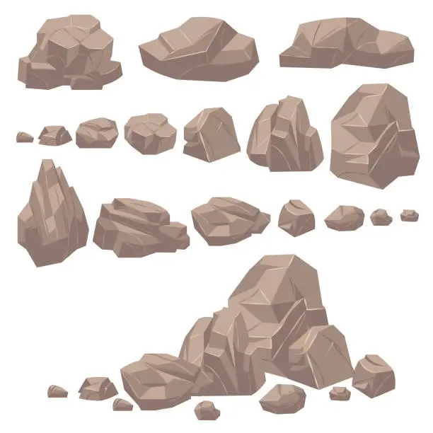 Vector illustration of Rock stone. Isometric rocks and stones, geological granite massive boulders. Cobbles for mountain game cartoon landscape. Vector set