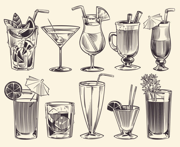 handgezeichnete cocktails. skizzieren sie cocktails und alkoholgetränke, kalte getränke verschiedene gläser. restaurant alkoholische getränke vektor-set - tonic water stock-grafiken, -clipart, -cartoons und -symbole