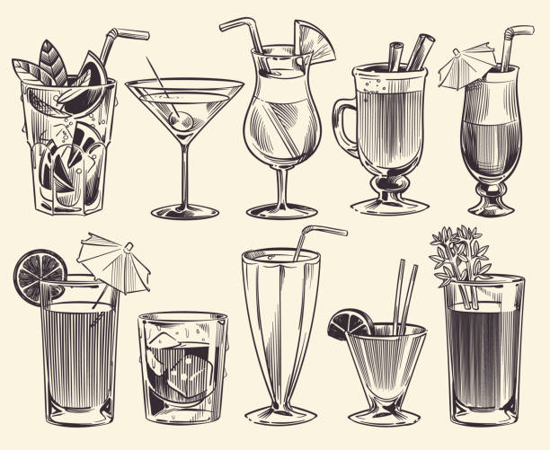 Hand drawn cocktails. Sketch cocktails and alcohol drinks, cold beverages different glasses. Restaurant alcoholic drinks vector set Hand drawn cocktails. Sketch cocktails and alcohol drinks, cold beverages different glasses. Restaurant alcoholic summer drinking with ice and juice vector set ice drawings stock illustrations