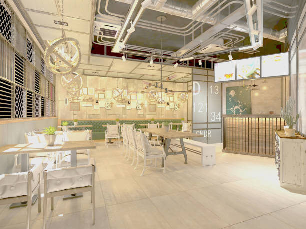 istock Restaurant interior with sofas, chairs and tables. Concept of eating in public places. 3d rendering. Mock up. 1160643053