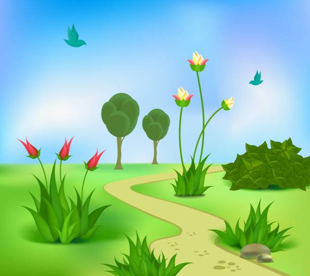 나무, 덤불, 꽃, 새와 보도. 공원의 자연 경관의 그림. 벡터 세트 - glade branch vector landscape stock illustrations