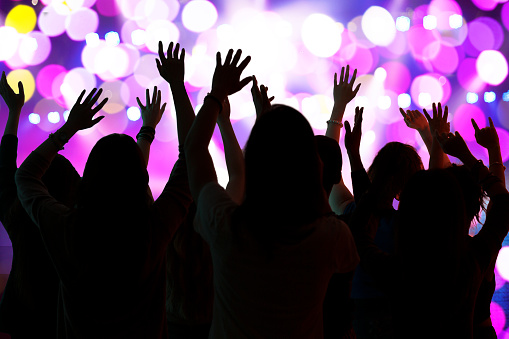 Silhouette of crowd cheering in live concert at night club
