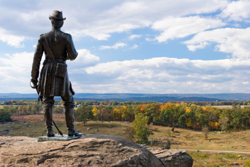 Union Brigadier General G.K. Warren defended Little Round Top, which was vital to the defense of the Union lines at Gettysburg on July 2, 1863.  His efforts are considered to be one of the pivital points of the war. The Statue was dedicated on August 9, 1888. The statue was designed by Karl Gerhardt of Hartford, CT, and cast by the Henry Bonnard Bronze Company of New York.  It is eight feet high, and weighs 1,500 pounds.