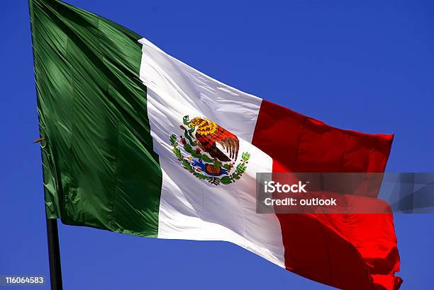 Mexican Flag At Full Mast Waving In The Wind Stock Photo - Download Image Now - Aztec Civilization, Color Image, Horizontal