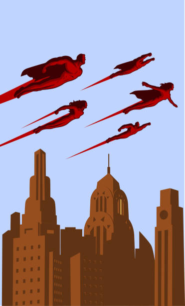A retro style vector illustration of a team of superheroes flying above a city.